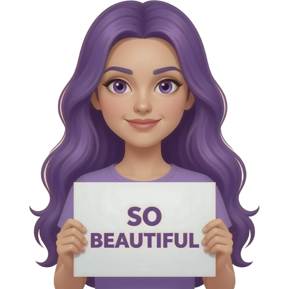 sexy girl with long purple hair and purple eyes holding a SO BEAUTIFUL sign emoji