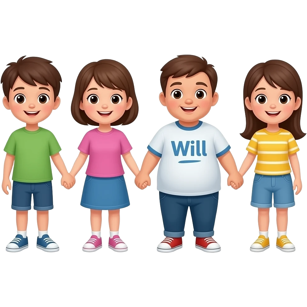 hazme 4 niños que se le vean todo el cuerpo cogidos de la mano i que un niño este gordo i que en su camiseta ponga Will emoji