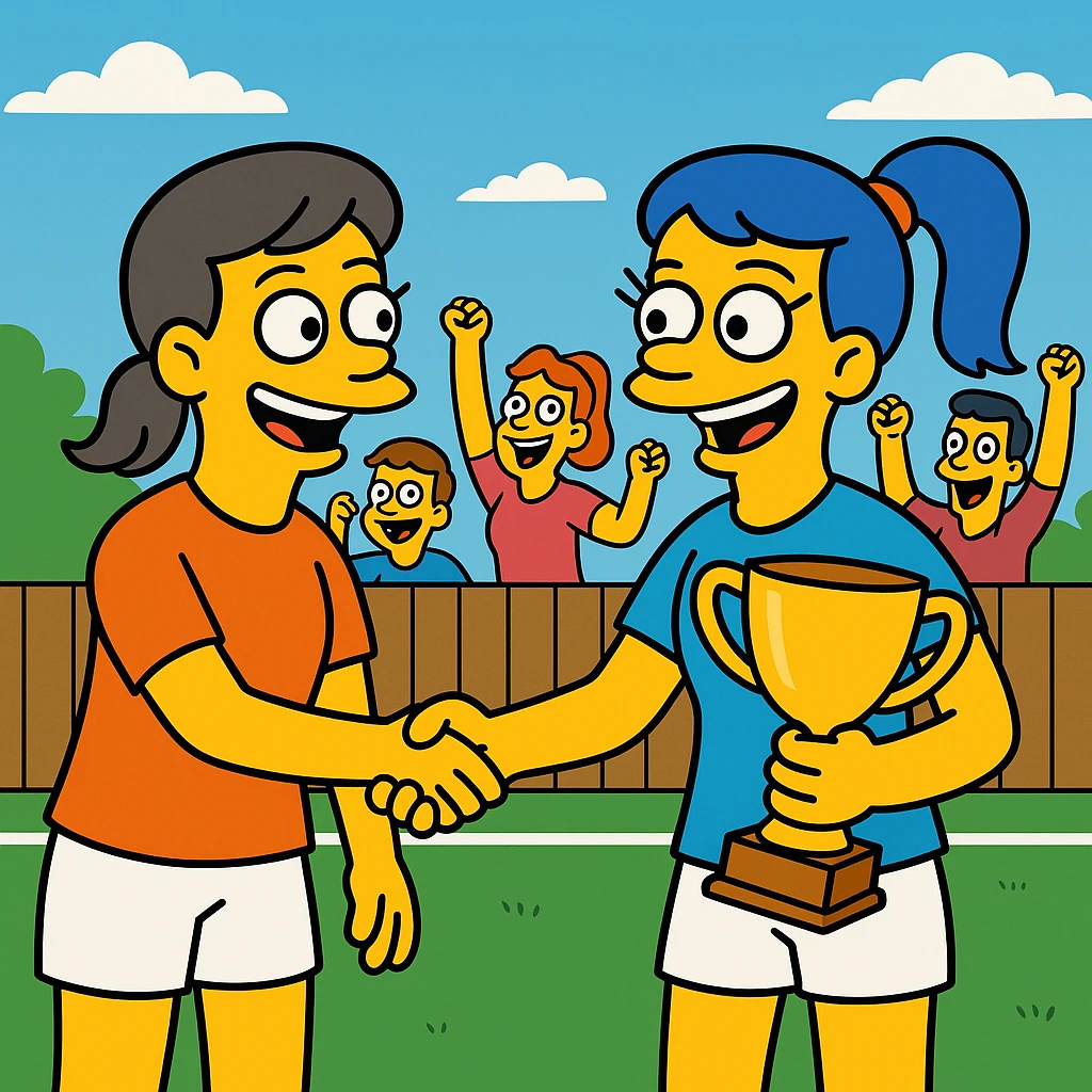 2 female handball standing on field. Congratulating each other shaking hands and smiling, one of them is holding a cup for winning. At the background the spectators cheering emoji