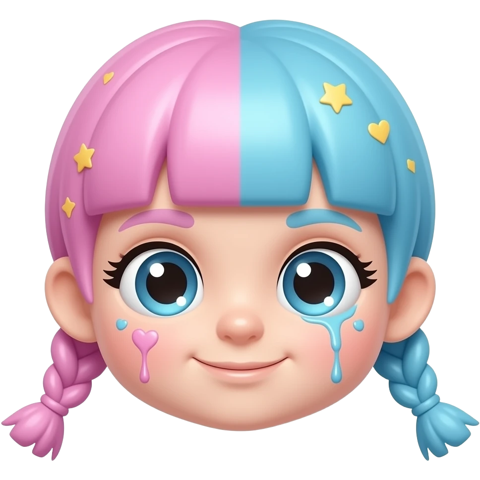 cute glossy emoji, pastel pink and blue split hair with braids, big shiny eyes, soft round face, kawaii style, bubblegum aesthetic, small hearts and stars, dripping paint effect, dreamy but slightly confident expression, sticker style, smooth shading, pastel colors, transparent background emoji