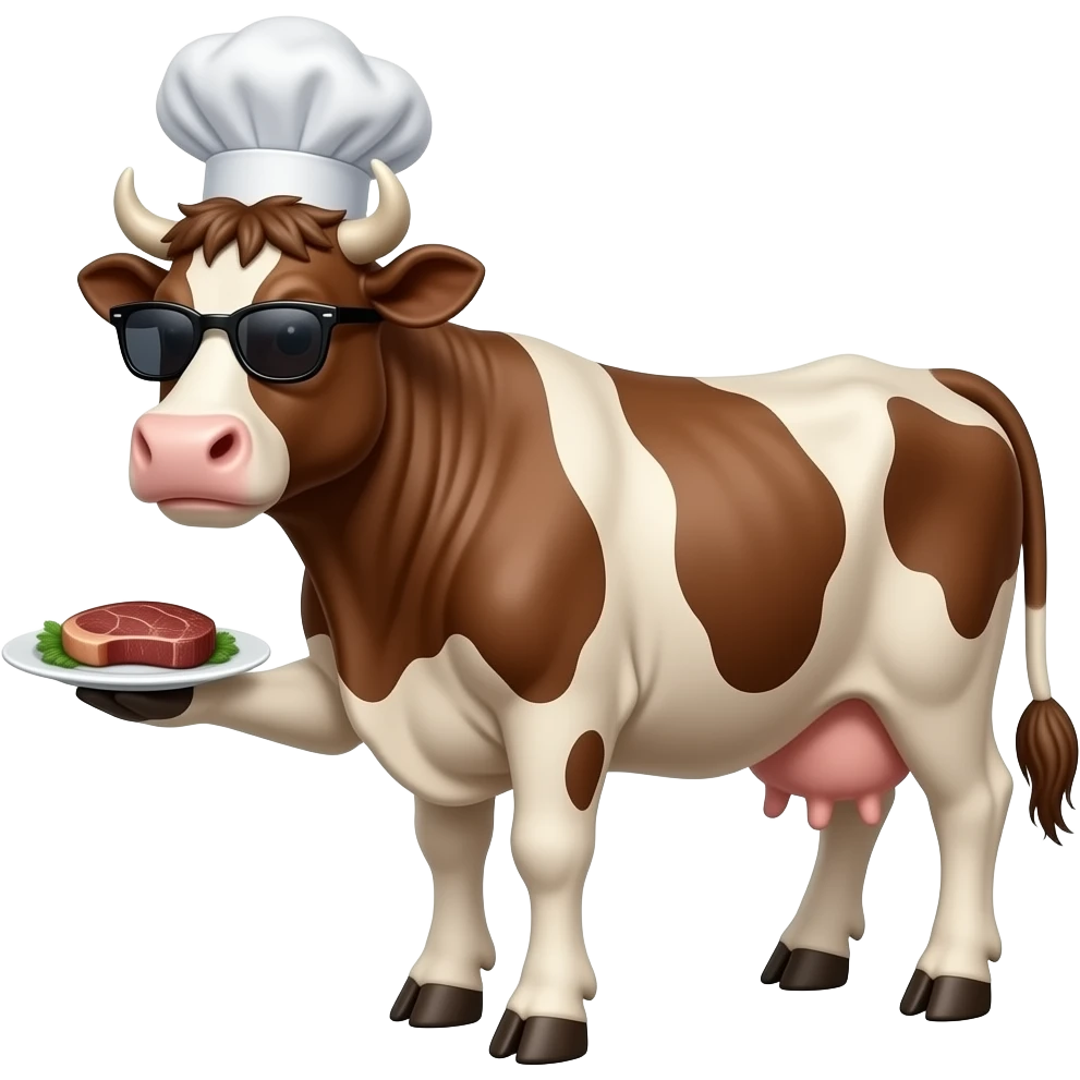 a cool male brown cow with chef hat sunglasses serving you a steak, 3 lag on ground, 1 leg hold the dish emoji