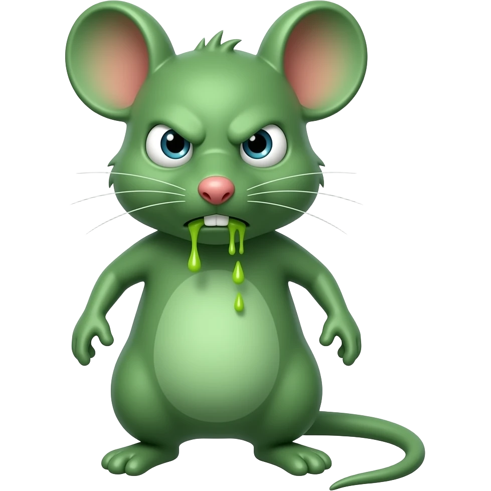 A small green mouse standing upright, with human-like arms and legs, staring at us with a look of disgust, with vomit on its mouth. The mouse’s body is entirely green. emoji