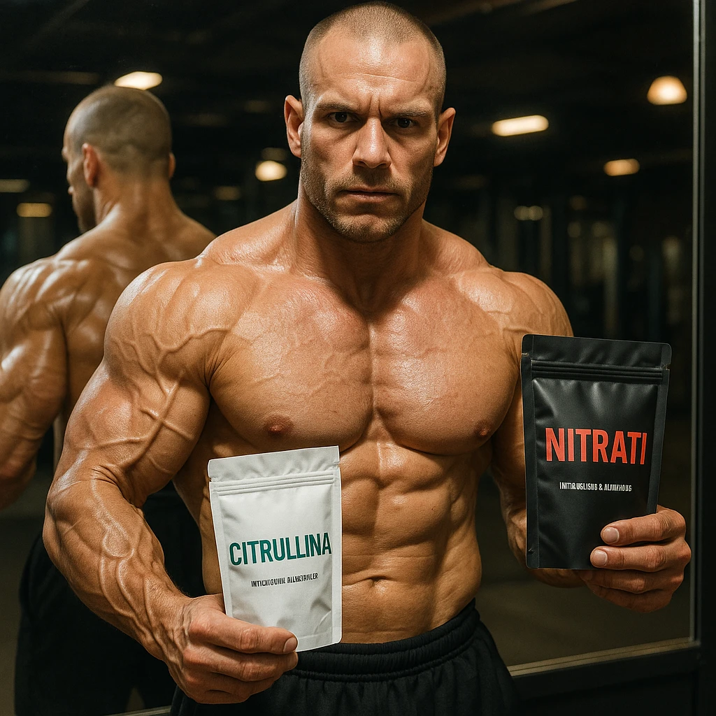 athletic bodybuilder in front of gym mirror, visible veins on arms and shoulders, holding Citrulline and Nitrates packages with Italian labels, reflection emphasizing vasodilation, intense light, motivating atmosphere, realistic details emoji
