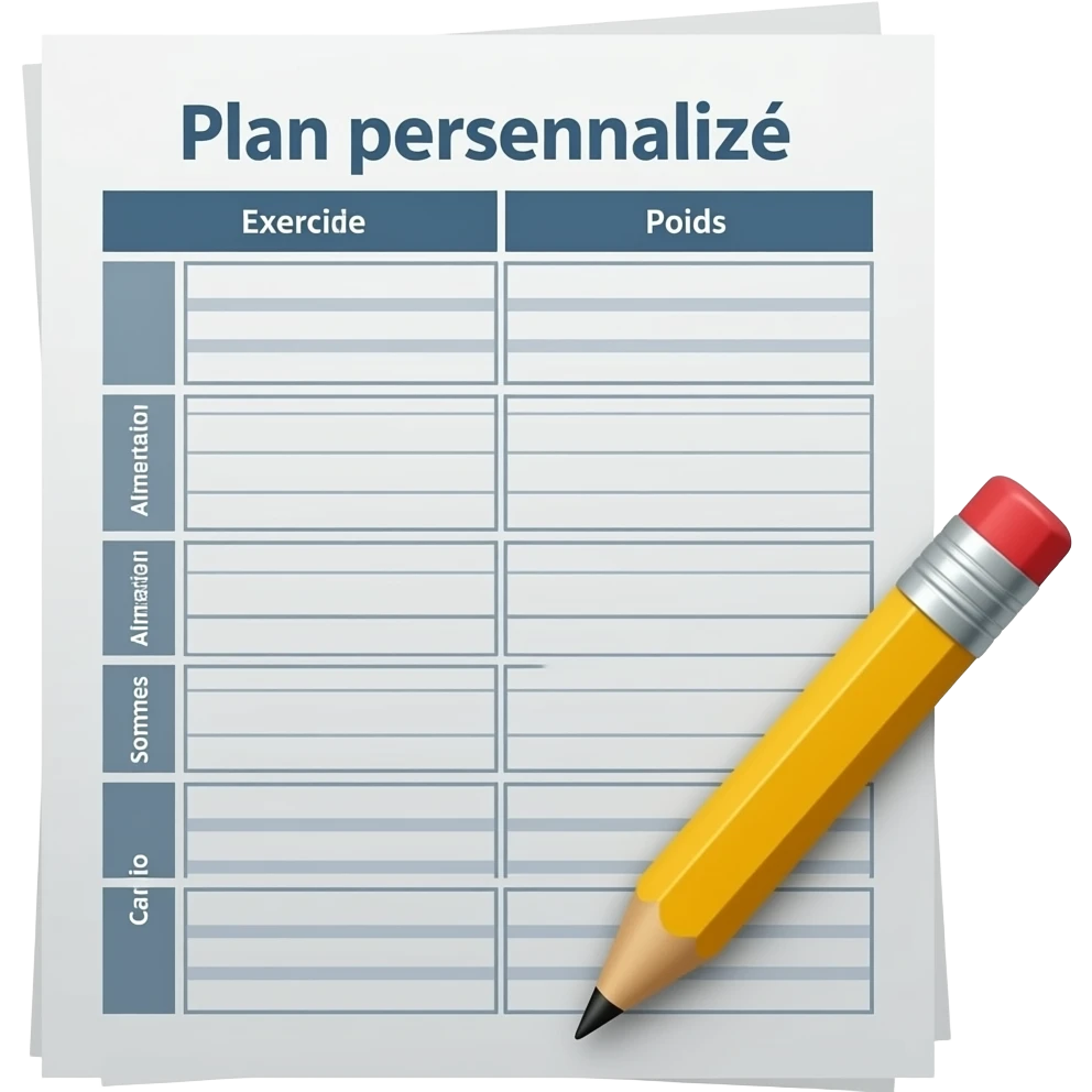 A gym workout plan, with a pencil in the corner and titled "Plan personnalisé" should clearly state the following: 
Exercice
Alimentation
Sommeil
Poids
Cardio emoji