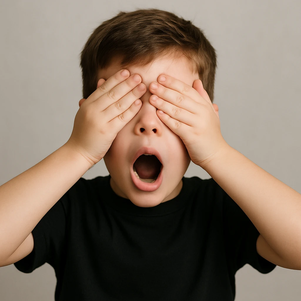 front image of a white boy with brown hair, surprised expression, hands covering his eyes, black shirt, front view emoji