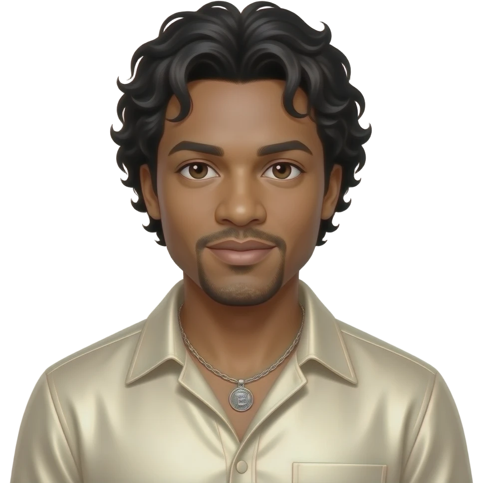 El DeBarge with dark brown eyes, black wavy hair, cream metallic shirt, silver necklace emoji