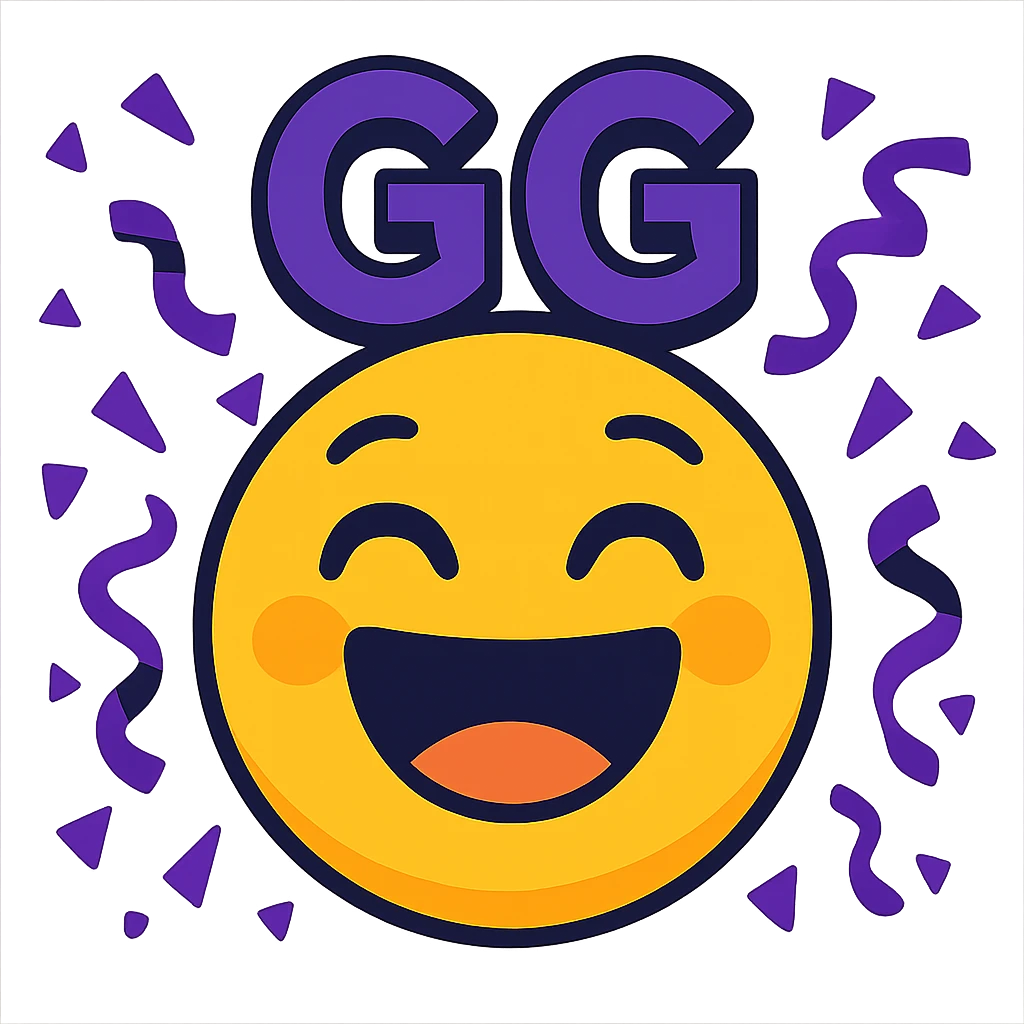 A celebratory emoji with purple confetti and the text 'GG', festive and bright emoji