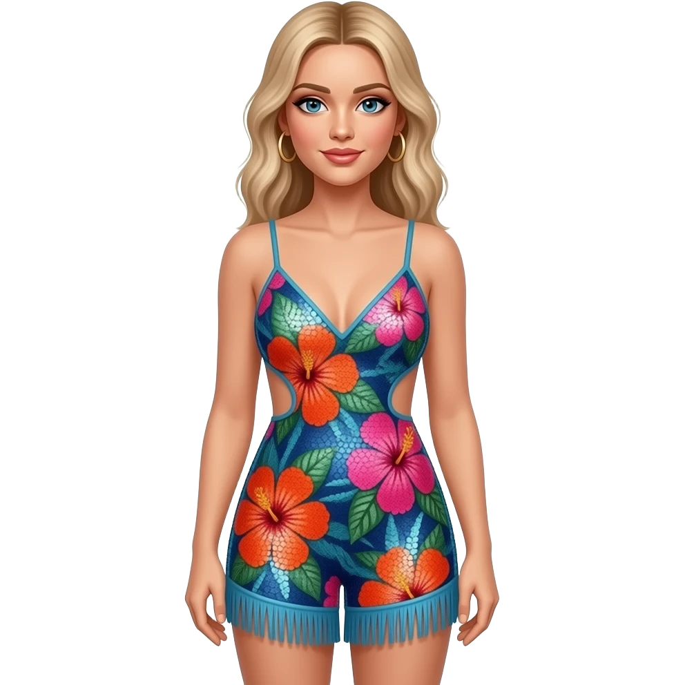 Zara Larson wearing a custom, tropical-inspired floral sequin romper. It features vibrant pink, orange, and blue hibiscus patterns with a signature "cut-out" side detail and a fringed hem emoji