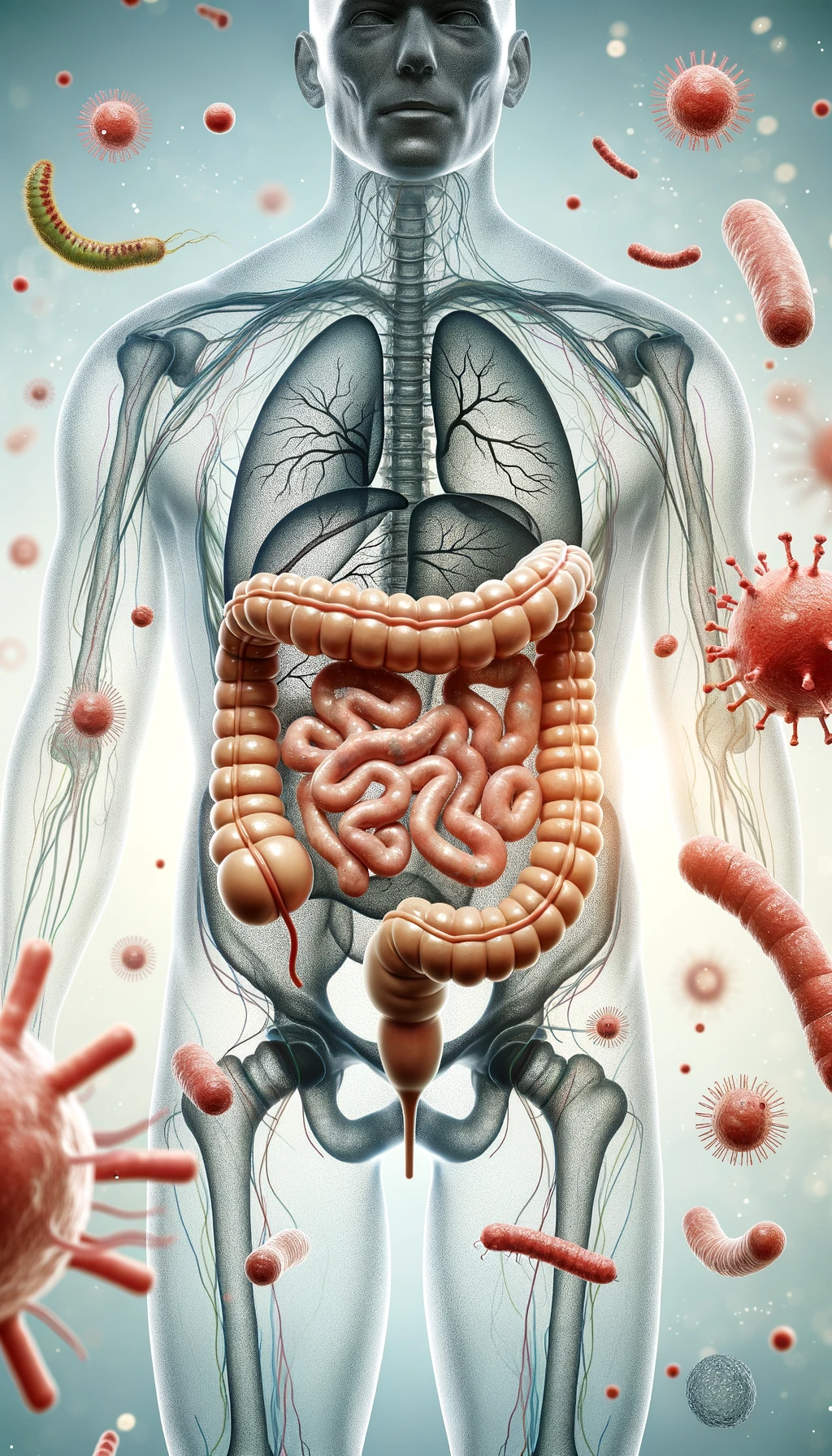 intestino umano anatomico con batteri e parassiti che gli fluttuano dietro, sfondo chiaro emoji