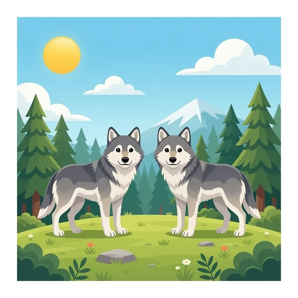 Two wolves in the forest on a little hillside emoji