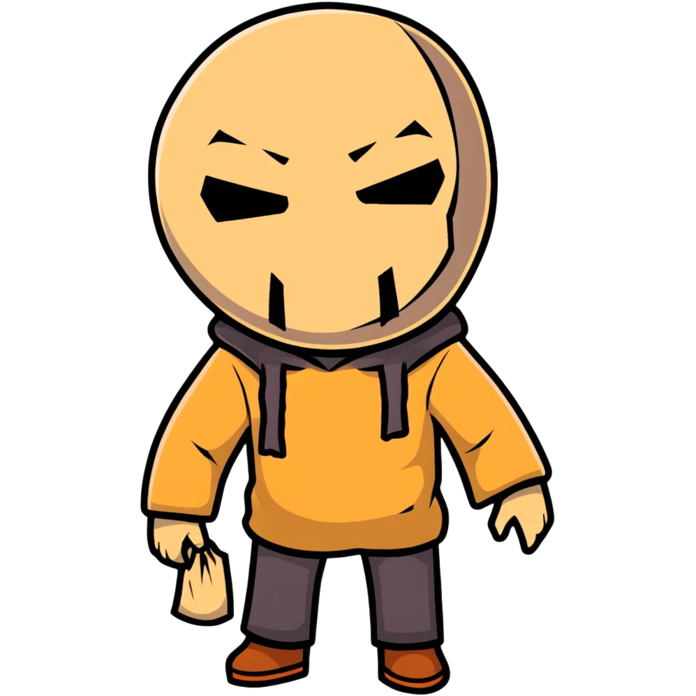 horror character with torn burlap sack mask, full body, spooky, ominous posture emoji