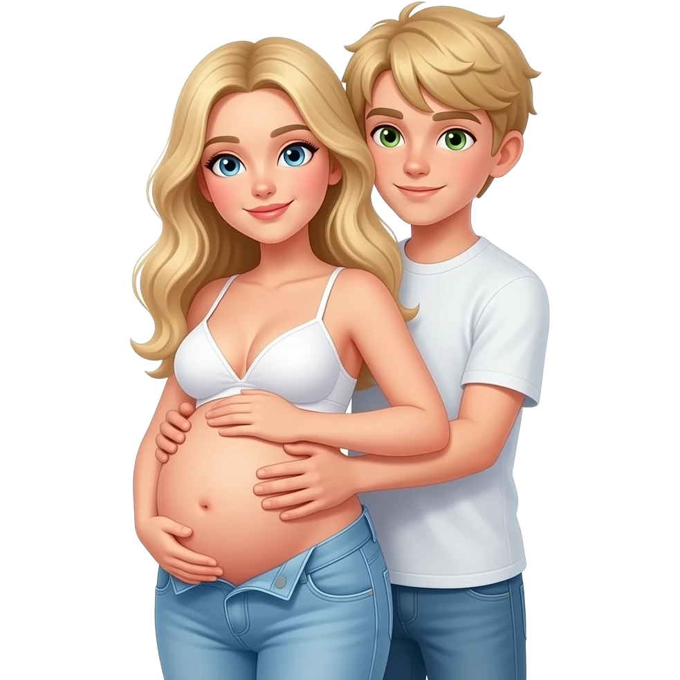 Woman with long blonde hair, and light blue eyes, with small pregnant belly wearing white bra and light blue baggy jeans, with tall boy with blonde hair and green eyes standing behind woman hugging her from behind emoji