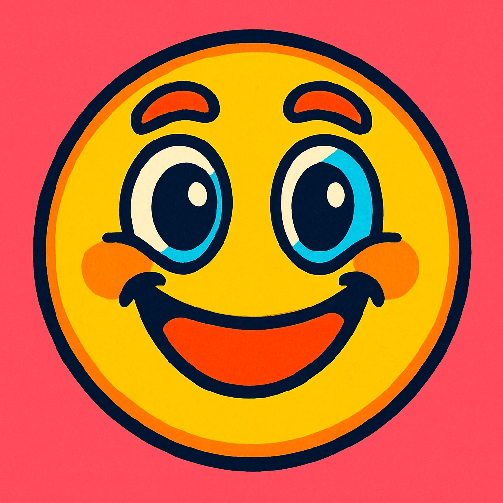 a smiling face emoji in a unique, creative 2D illustration style, vibrant colors, playful expression emoji