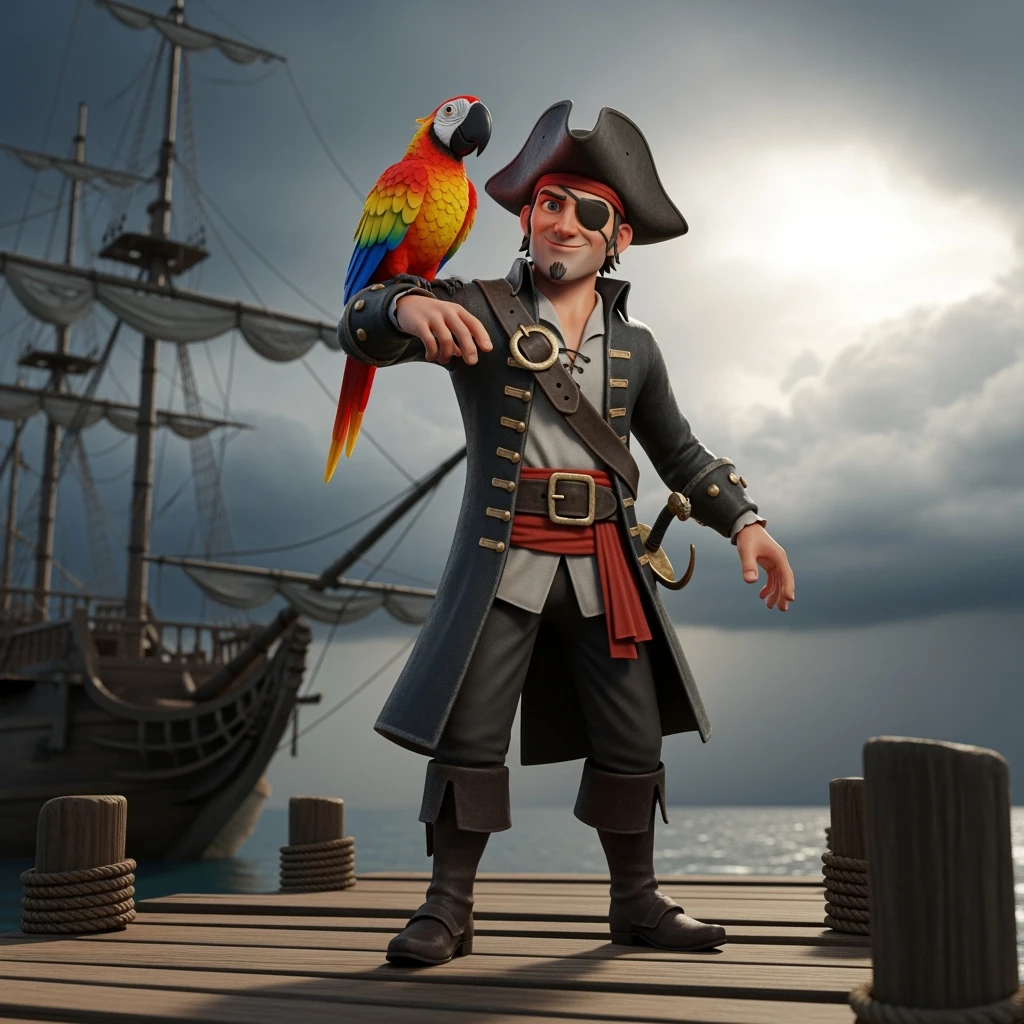 3d art of a pirate with eye patch and parrot in emoji