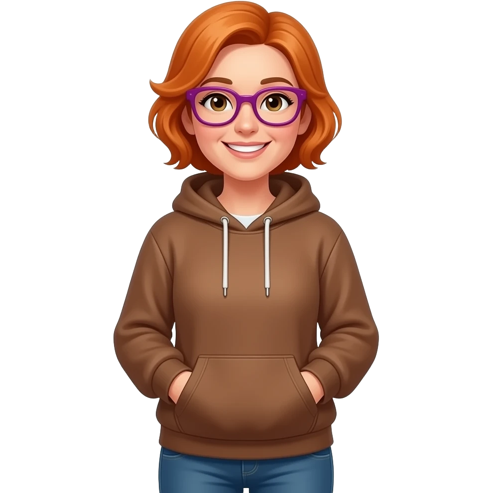 una señora de 38 años con sudadera marron amarangado com pelo amaranjado y pantalones casuales y que se vea joben y que tenga lentes fuccia oscuro emoji