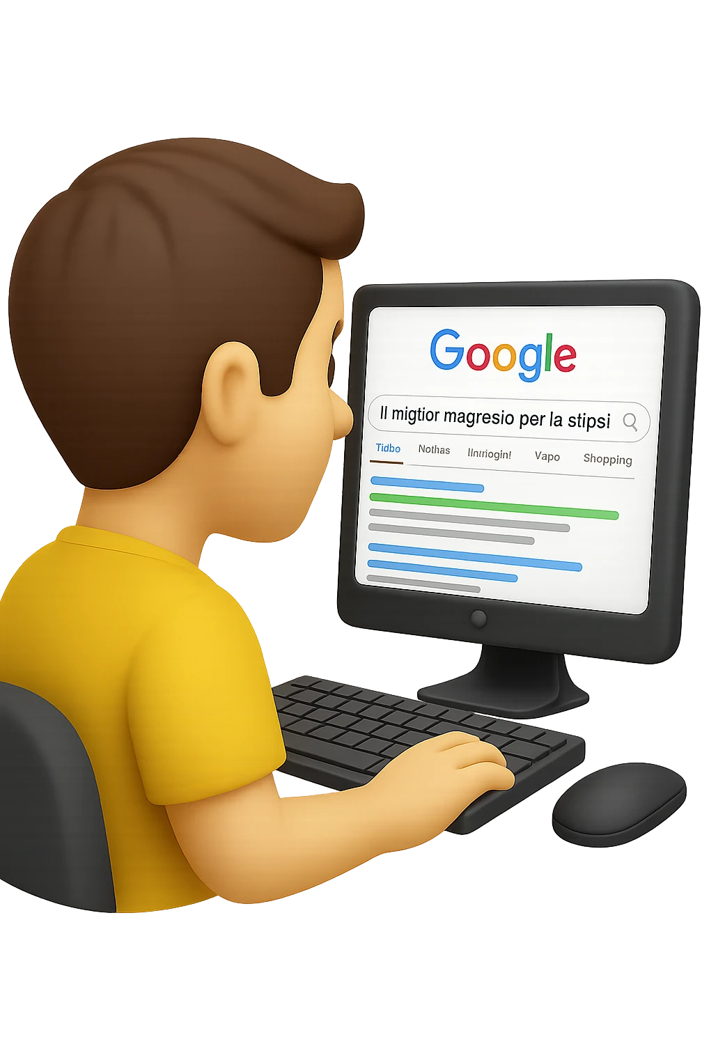 emoji stile iphone di un uomo davanti al pc che cerca di google: "Il miglior magnesio per la stipsi", iperrealistico 4k emoji