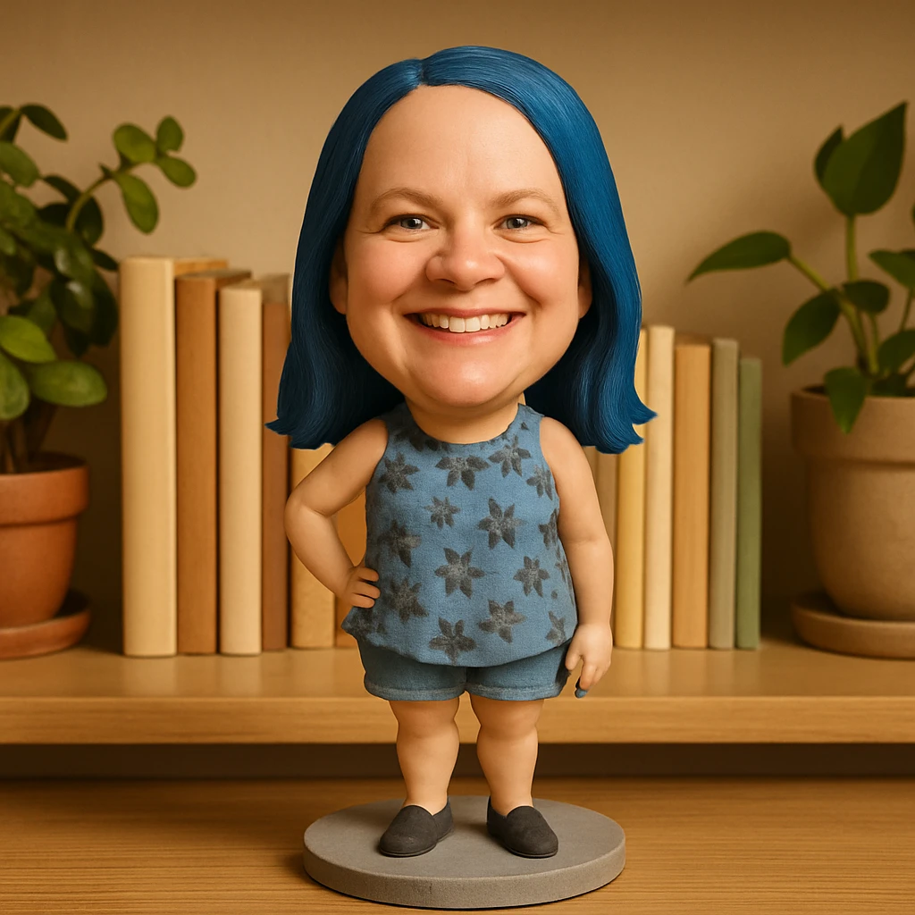 Woman with dark blue hair and blue fingernails standing on a sidewalk emoji