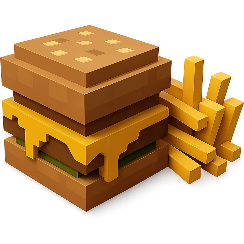 A cheeseburger with melting cheese and a side of crispy fries, minimalist 3D blocks design emoji