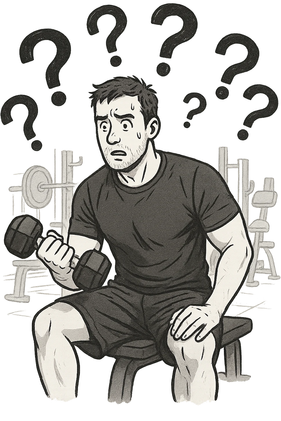 Uomo in palestra mentre si allena con tanti punti interrogativi intorno, confuso emoji
