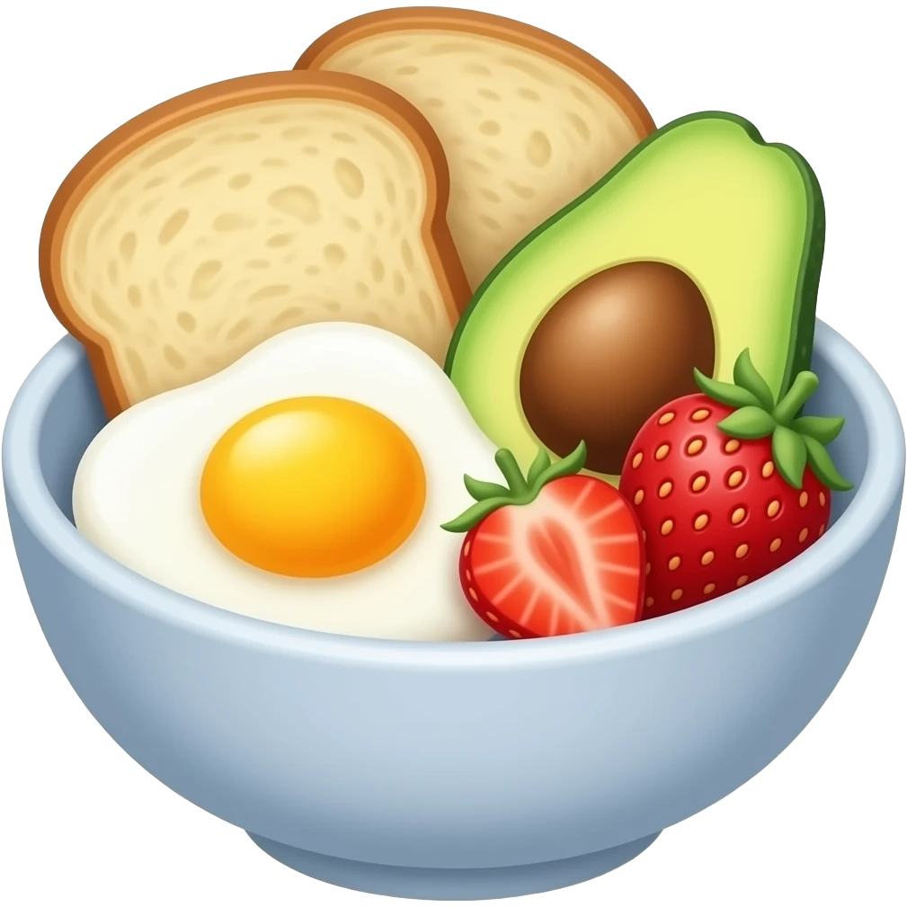 bowl with sunny side eggs avocado strawberries sourdough emoji