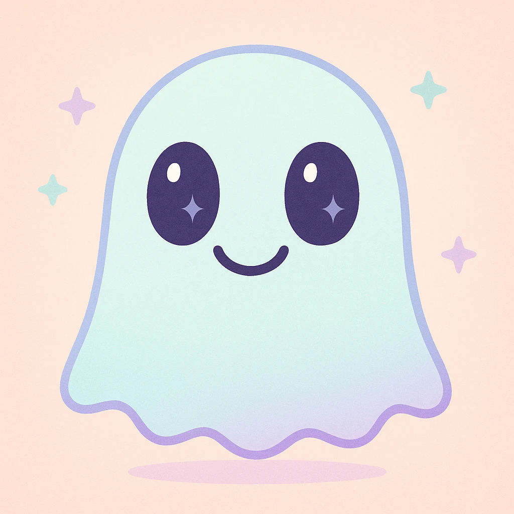 a cute ghost with a horror twist, big eyes, slightly creepy smile, floating, subtle spooky details emoji