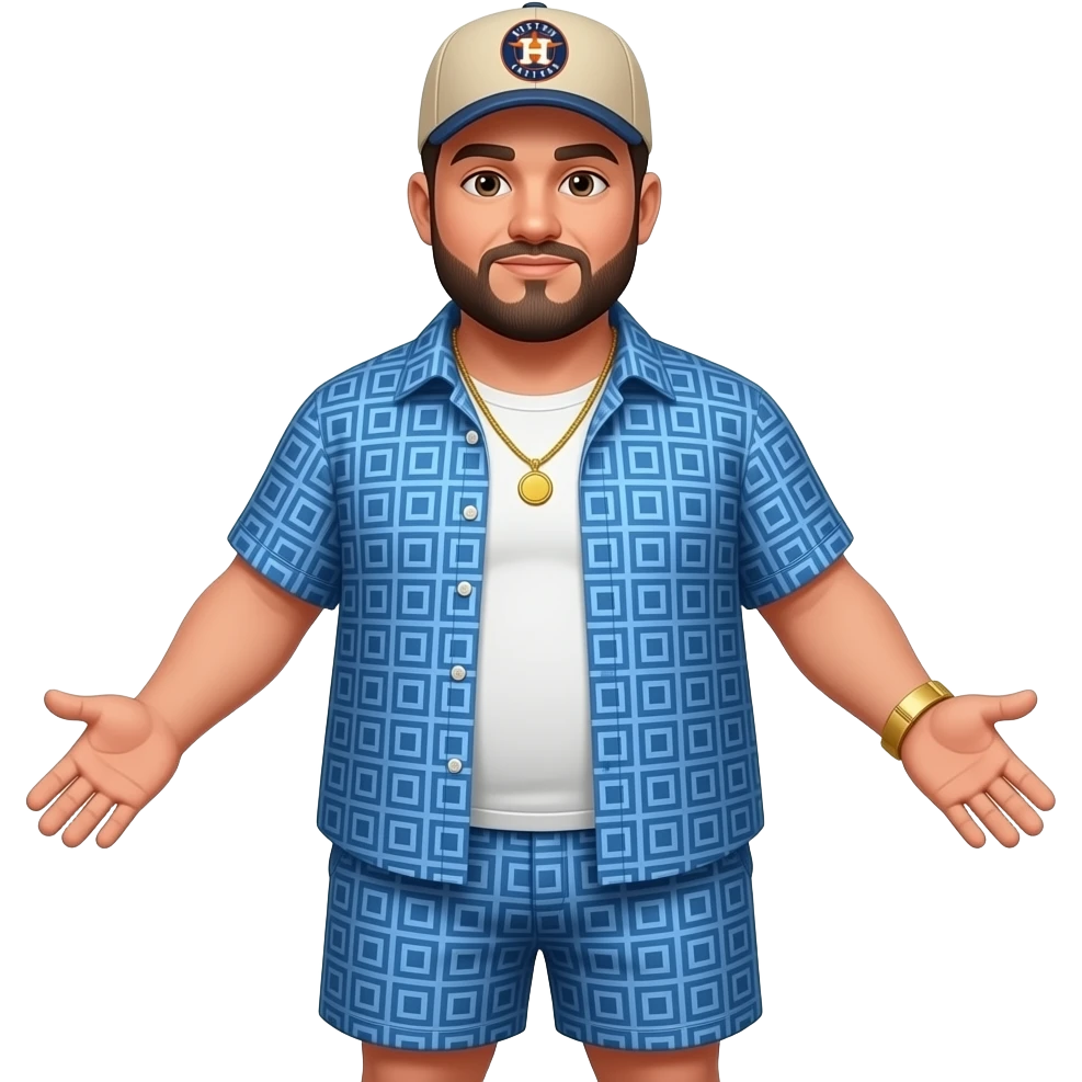 Chubby man with apricot skin tone with lightly shaved black beard wearing a blue button down short sleeve shirt with matching shorts with square pattern designs wearing an all beige color Huston Astros logo baseball cap wearing a gold tennis necklace and a gold wrist watch holding hands out emoji