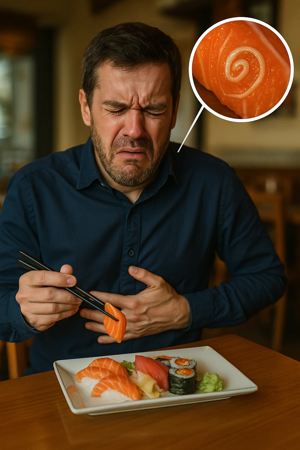 a man sits at a restaurant table, eating a plate of raw fish (such as sushi or sashimi). In a magnified inset, an Anisakis larva is visible inside a piece of fish. The man’s expression changes from enjoyment to sudden discomfort, holding his stomach with a pained look. The background is softly blurred, focusing on the man and the food. in italiano emoji