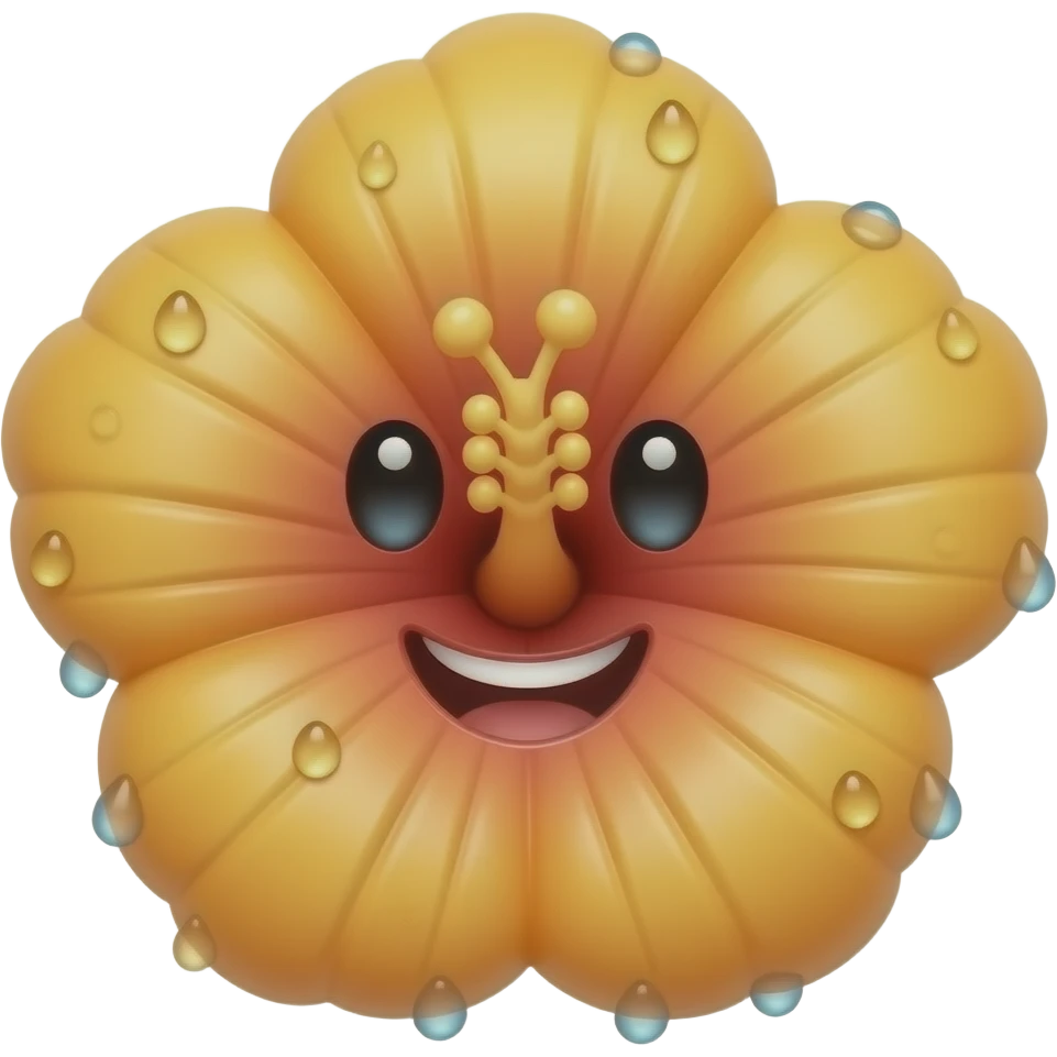 Hibiscus gonflé avec une bouche et des yeux et plusieurs goutes d'eau sortant de lui emoji