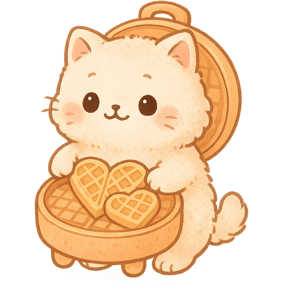 chibi style soft fluffy cat as a waffle maker, showing heart-shaped waffles, pastel orange, full-body emoji