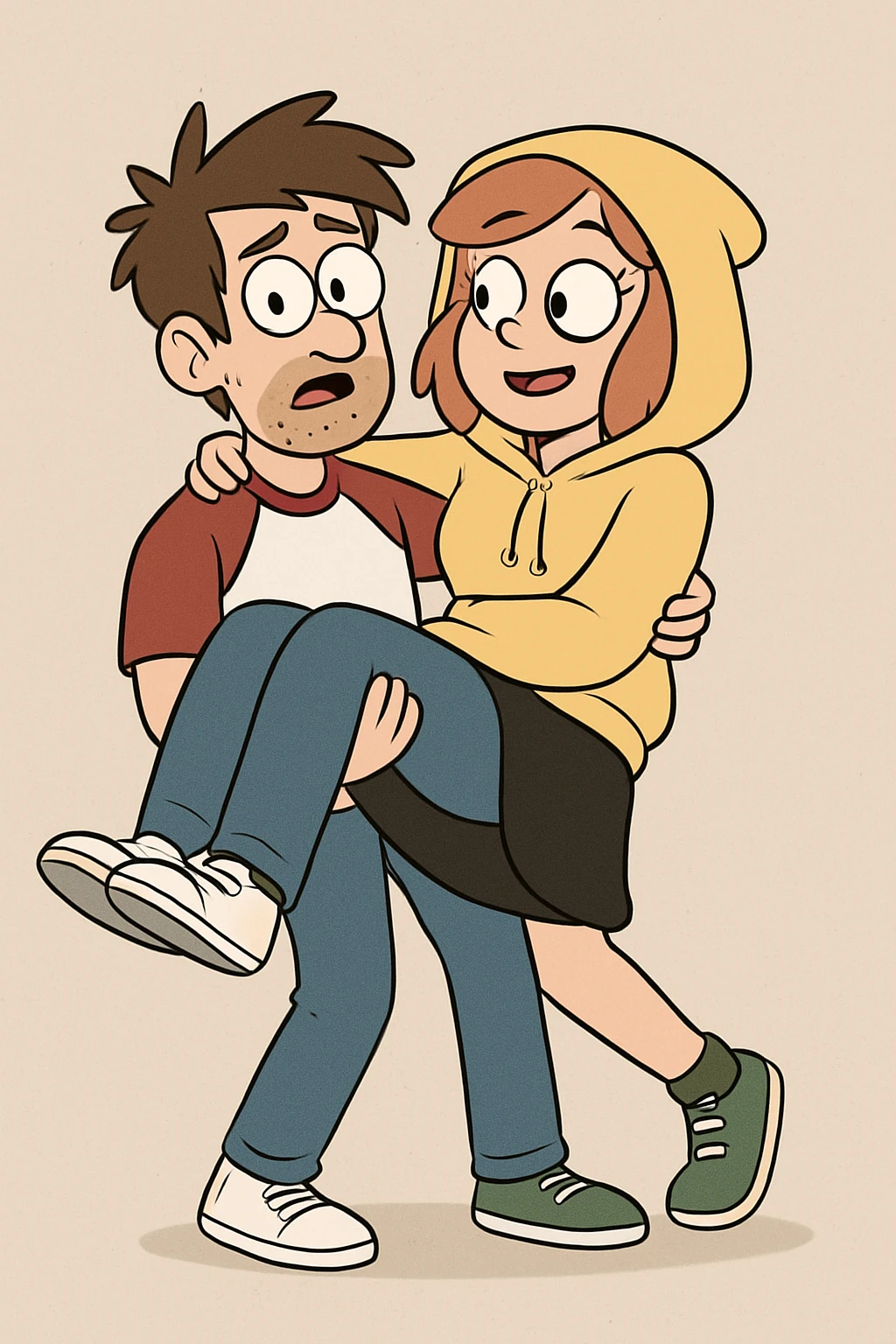 A man Raglan sleeves with Red t-shirts blue jeans white shoes carried by a cute a girl yellow hoodie black skirt green shoe  emoji