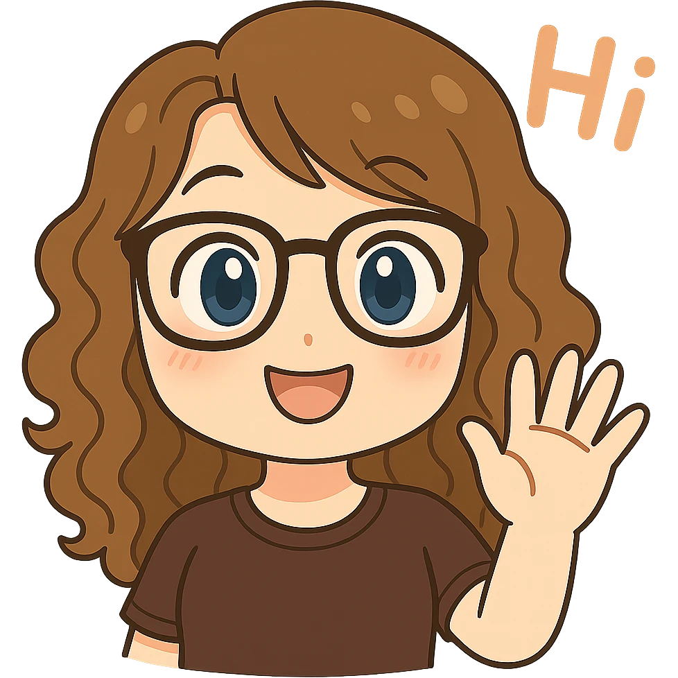 Create a chibi sticker emoji of the person in the reference image with glasses and curly hair, waving and saying 'Hi' in a cute font. Use a transparent background. emoji