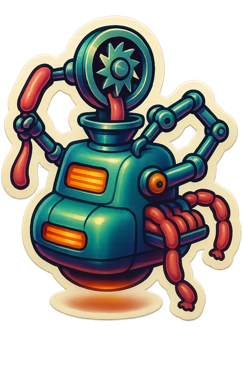 sausage-processing droid. retro-futuristic style. top is a large circular industrial grinder rotating gears and blades. Two robotic arms feed material into grinder. Sausage links extrude from the rear like  factory. The body is metallic, compact, and floats above the ground.no legs. Dark humor emoji