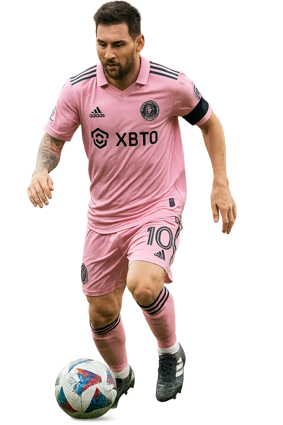 Messi dribbling a soccer ball, dressed in Inter Miami's pink jersey, realistic style, focused expression, no background emoji
