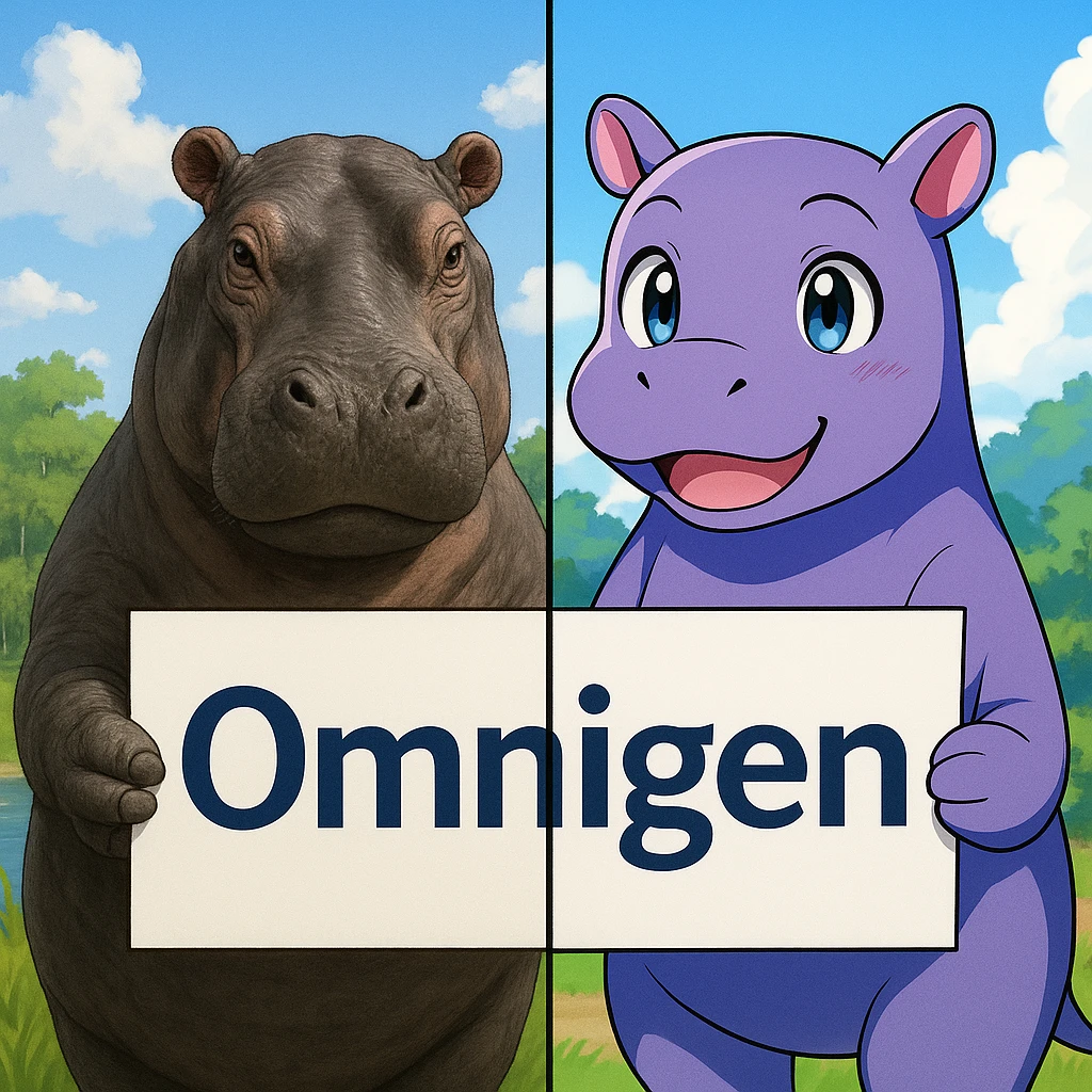 two hippo holding sign of omnigen, half picture 1 hippo is realistic another half is the anime of that same second hippo emoji