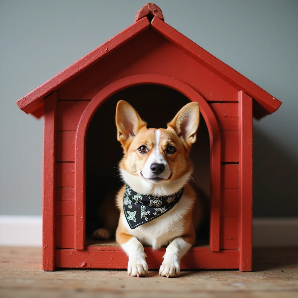 realistic red dog house with a Corgi dog inside, Corgi with a bandana, photorealistic style emoji