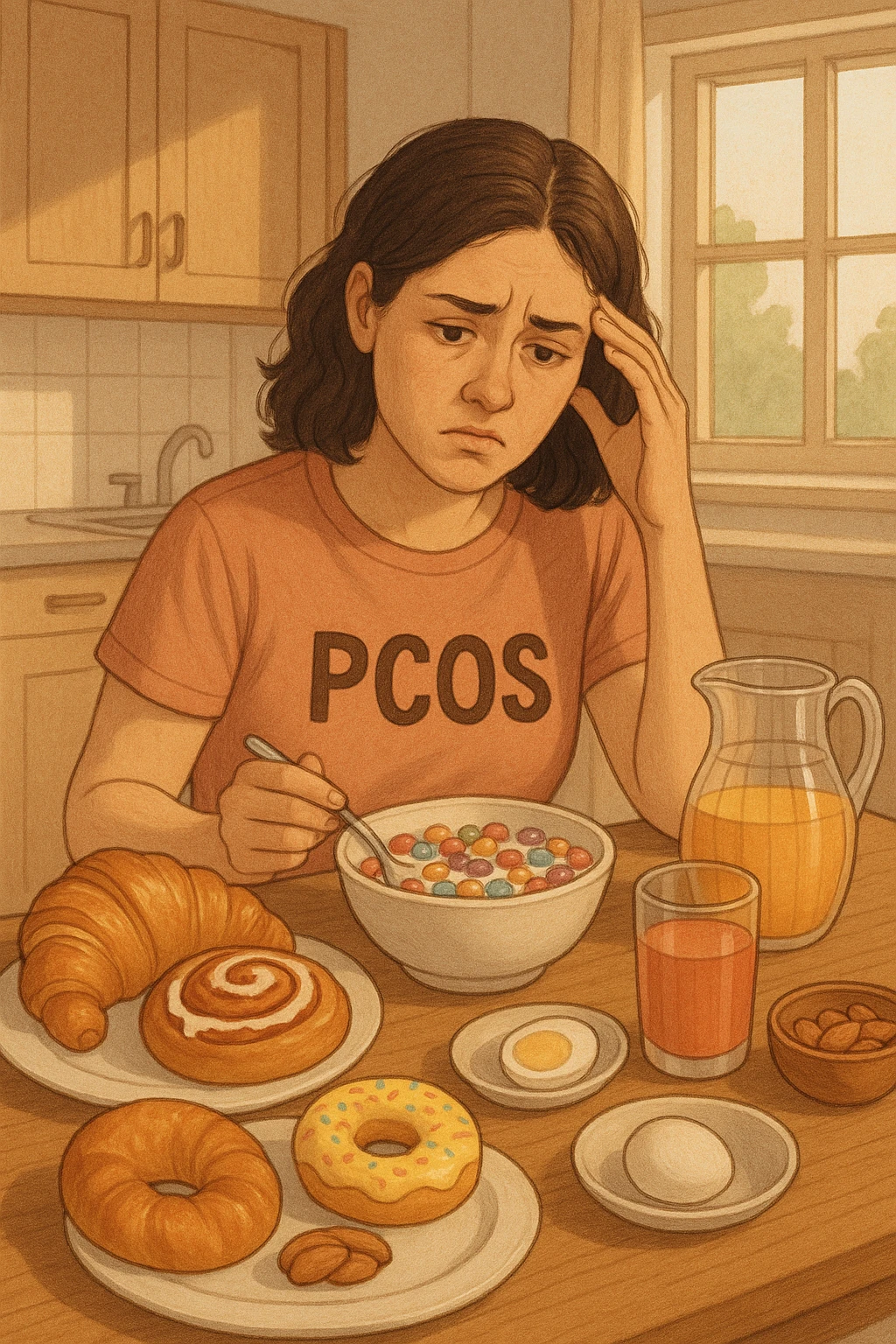 Donna con pcos, con colazione sbilanciata ricca di zuccheri e con poche proteine emoji