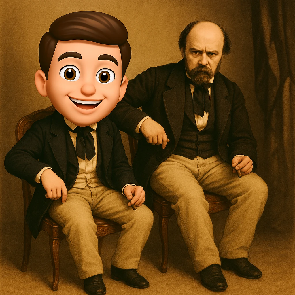 Create a 3D cartoon clone in Apple Memoji style sitting next to the person in the photo. The clone should have an enlarged head, bright eyes, and a friendly, positive Gen Z facial expression. The clone's clothing, pose, and facial expression should perfectly match the original person. Use bright, vibrant colors, soft shadows, and lighting/background as close as possible to the real photo. Ensure high quality, clear details, and visual harmony between the real person and the cartoon clone. emoji