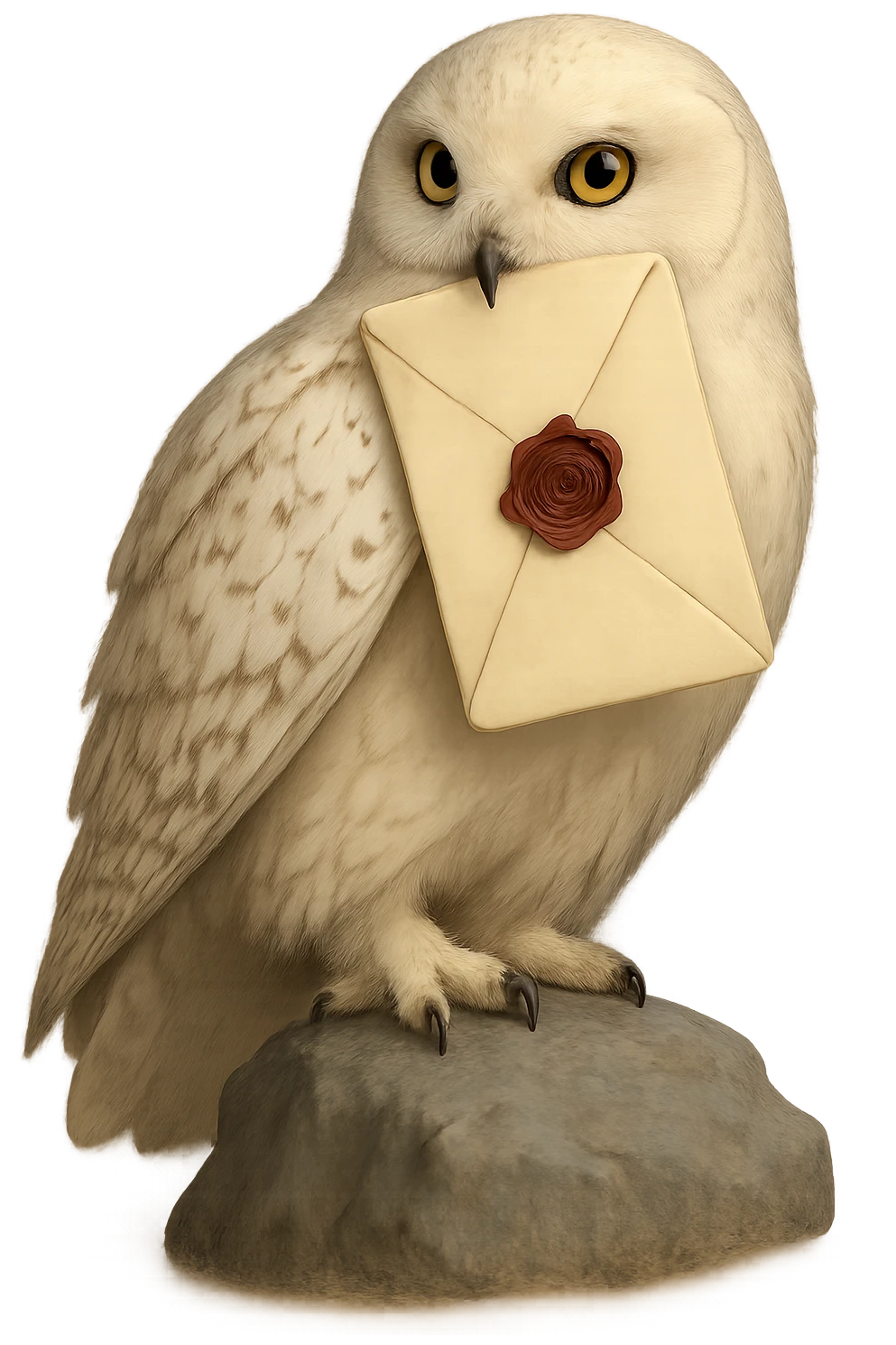 Create a realistic style image of the same owl holding a Hogwarts letter in its beak. The image should have no outlines, with clear shadows and highlights, soft lighting, and no background. emoji