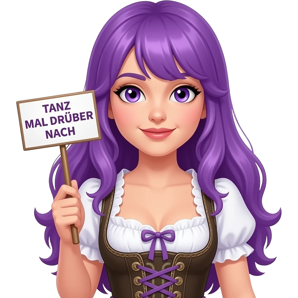 sexy girl with long purple hair and purple eyes wearing a dirndl holding a TANZ MAL DRÜBER NACH sign emoji