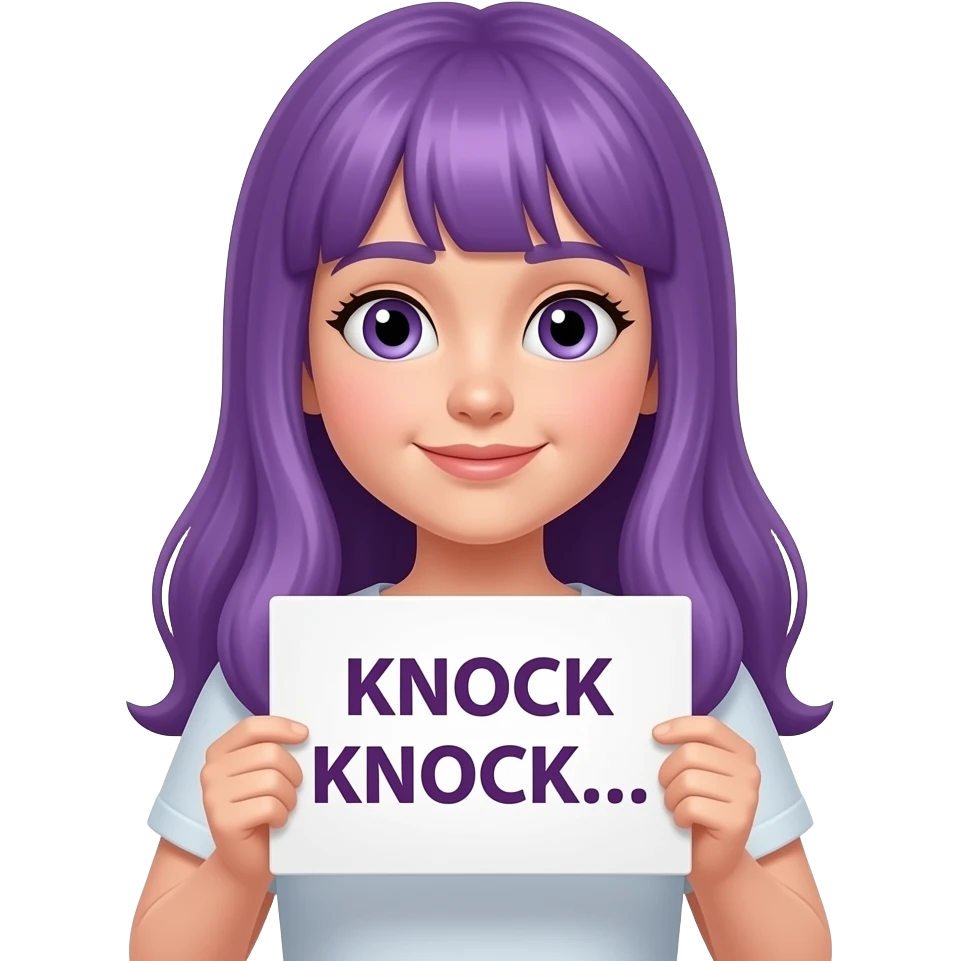 girl with long purple hair with a KNOCK KNOCK... sign emoji