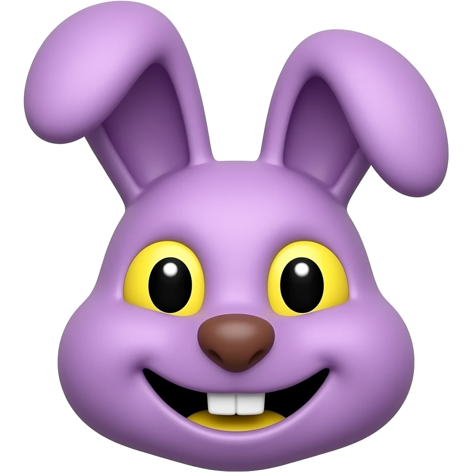 A bunny who is purple has yellow eyes but black  pupoles and it's smiling and it has yellow teeth emoji