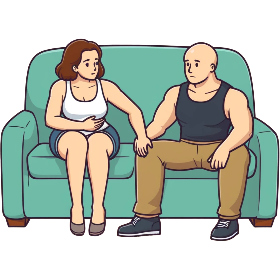 A bald man sitting on a couch. One Caucasian woman with brown hair, big boobs, wearing pants and a tank top, kneeling on the ground. emoji