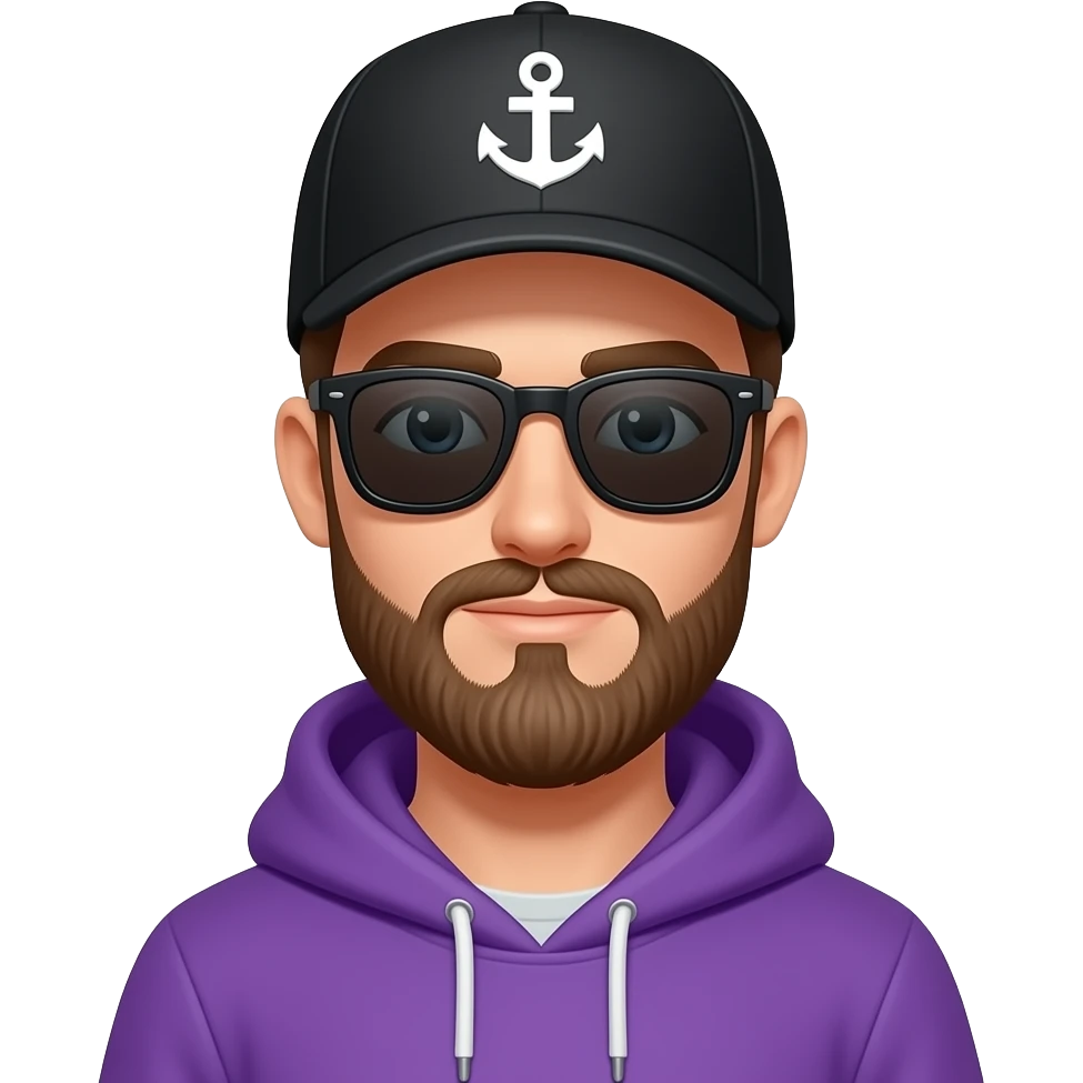 tall skinny guy with black basecap with white twitch logo, anchor-beard, purple hoodie, sunglasses emoji