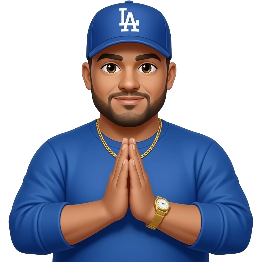 Chubby man with sand skin tone and lightly shaved black beard wearing a blue Los Angeles Dodgers logo baseball cap wearing a long sleeve blue shirt wearing a gold tennis necklace and a gold wrist watch with his prayer hands emoji