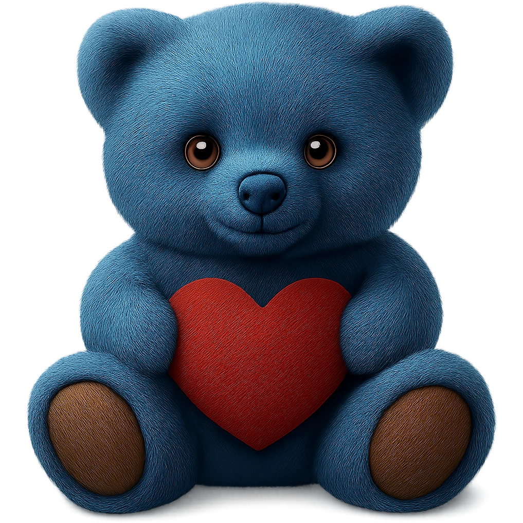 Change the teddy bear's fur to a realistic blue color, keep soft lighting and transparent background. The style should maintain a realistic and soft lighting look. emoji
