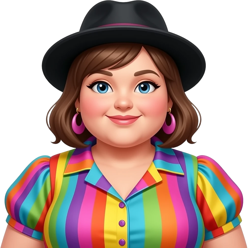 a beautiful lady chubby wear vibrant clothes and wear black collor hat emoji