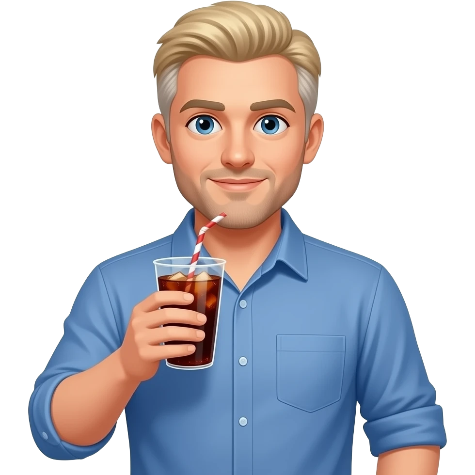show me a pale white man in a blue button down shirt-- clean shaven -with blond salt and pepper hair holding a cup of soda -- make him not as attractive emoji