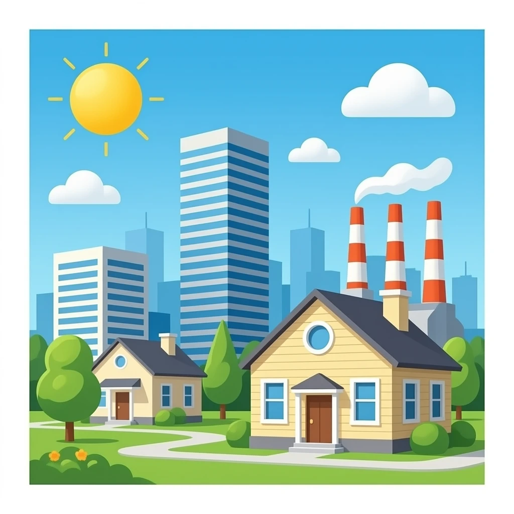 a house and tall office buildings and a factory, with simple white  background emoji