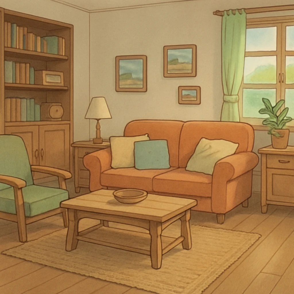 ghibli style planned furniture, soft colors, cozy atmosphere emoji