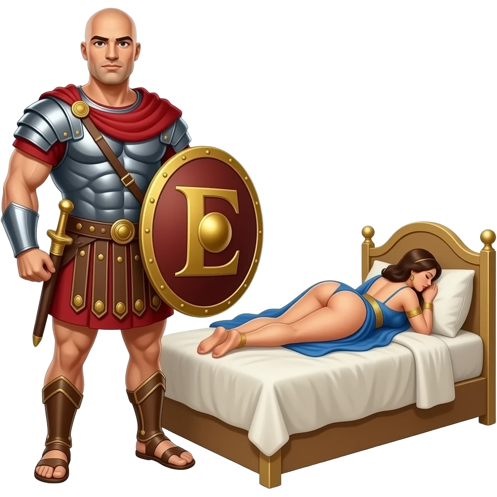 Muscular Roman soldier bald with brown eyes the Letter E on the shield with empress in bed facing away nude ass emoji